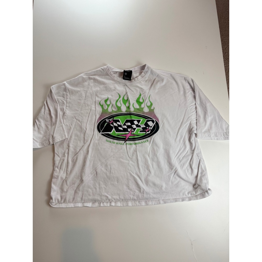 Ninth Hall Performance Graphic Tee Womens Small White Flame Racing‎ Y2K Boxy